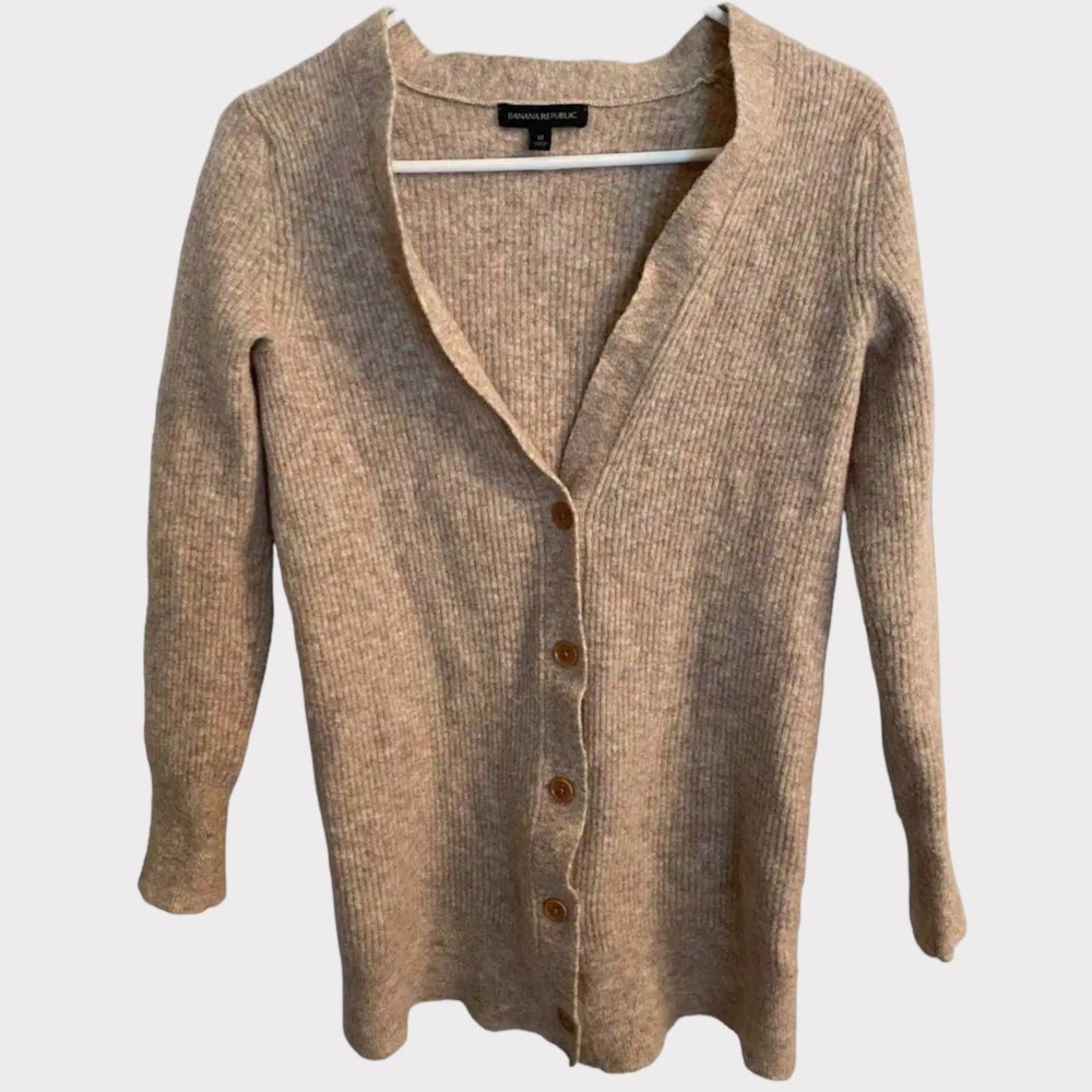 Banana Republic Button Front Cardigan Sweater Medium Oatmeal Tan Merino Wool
